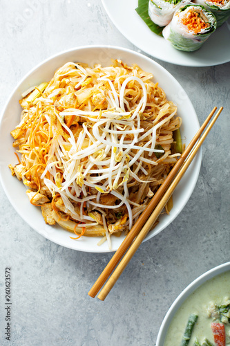 Pad Thai noodles with chicken and bean sprouts photo