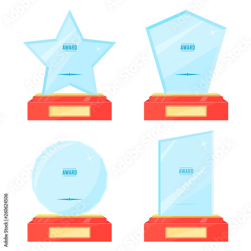 Glass trophy plaque awards vector set. Vector illustration in flat style.
