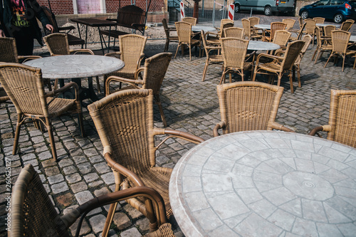 View of empty outdoor cafe in Bad Bentheim, Germany, with cozy decorations