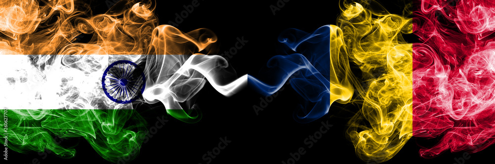 Fototapeta premium India vs Chad, Chadian smoke flags placed side by side. Thick colored silky smoke flags of Indian and Chad, Chadian