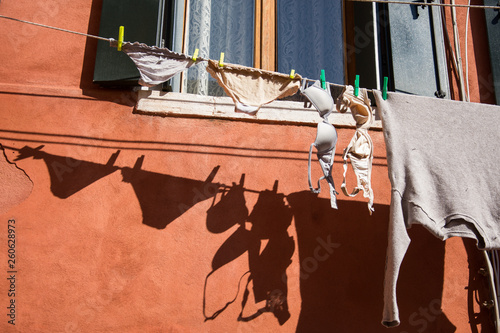 Female underwear ,bra hanging on a clothesline at home in Venice, Italy,2019