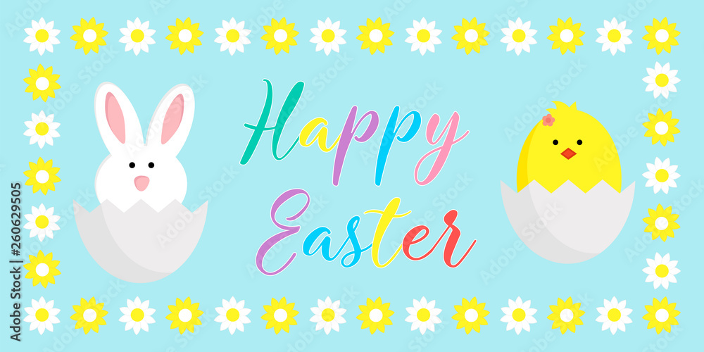 Easter egg hunt poster vector.Cute cartoon Happy Easter chicken bird, bunny.
