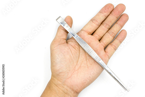 A male hand holding Tweezers, medical pinsetter, man hand  isolated on white background