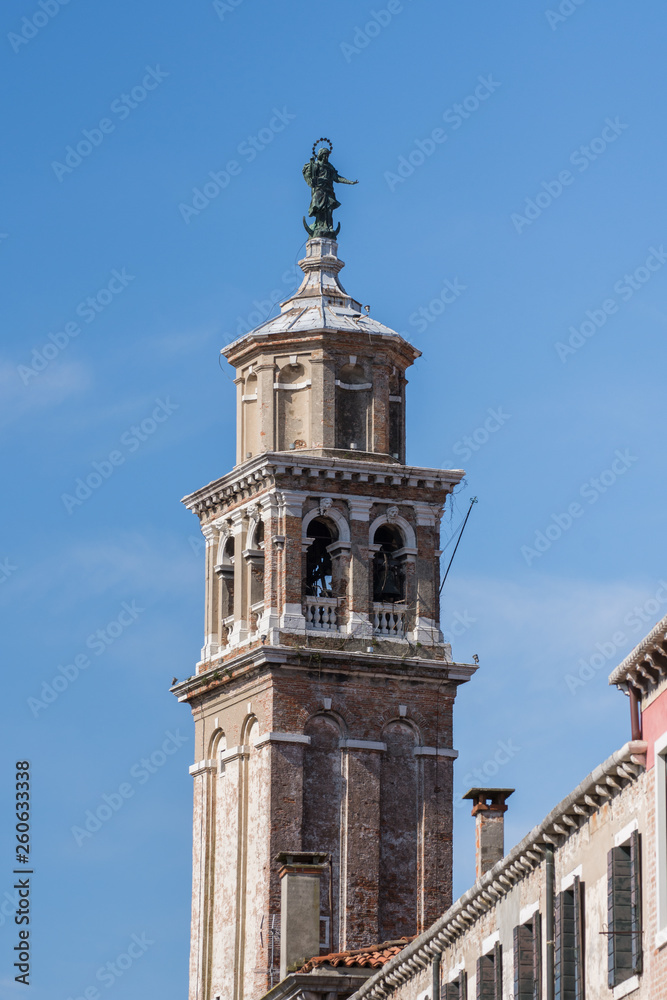 The Bell Tower of the Church of Carmini in Dorsoduro Venice,Italy ,march, 2019