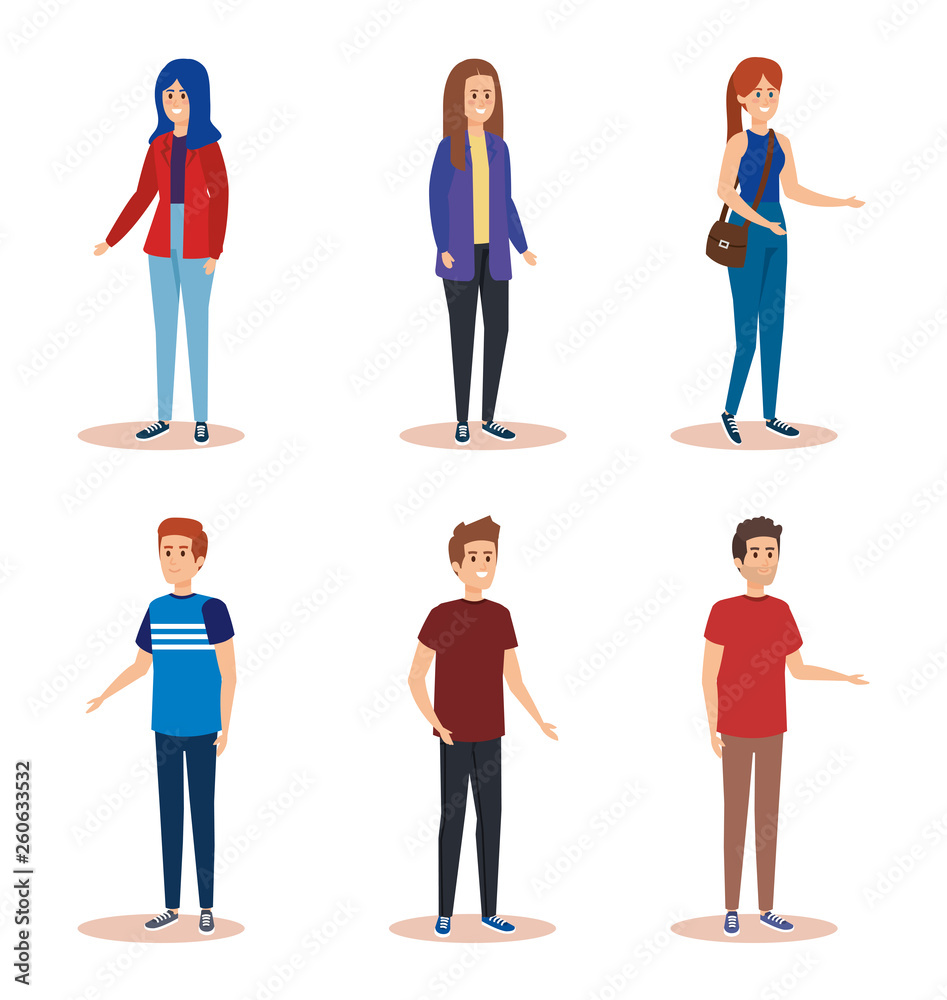 Fototapeta premium set girls and boys with hairstyle and casual clothes