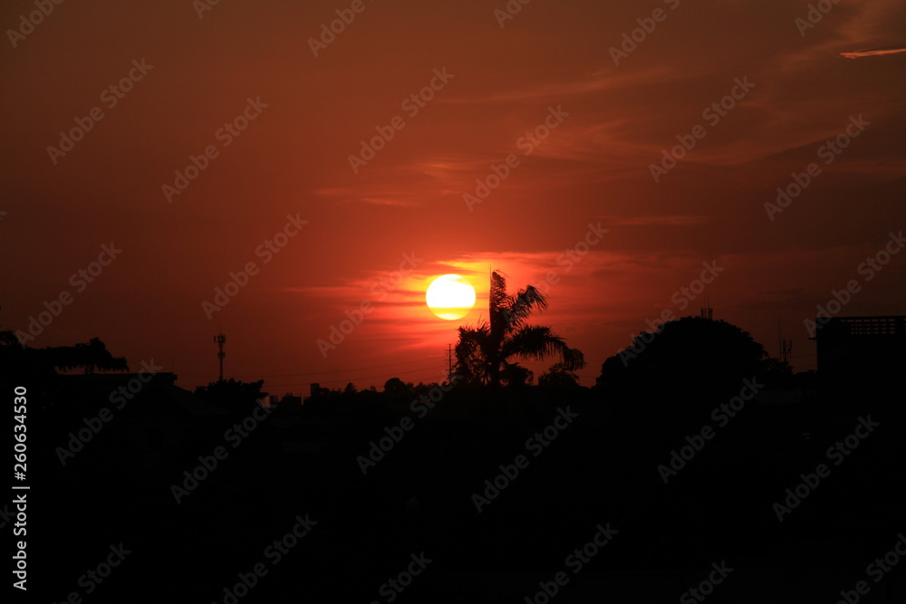 silhouette of tractor in field at sunset