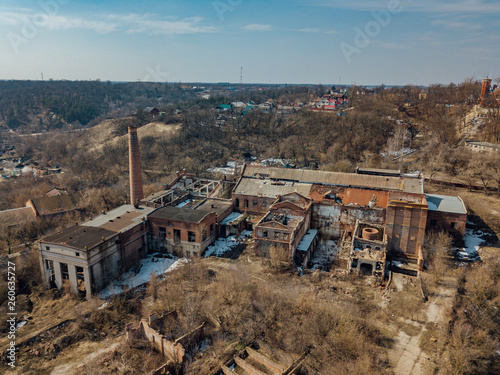 Ruined abandoned sugar factory in Ramon, aerial view