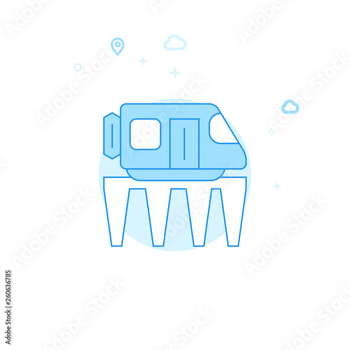 Monorail Road Train Flat Vector Illustration, Icon. Light Blue Monochrome Design. Editable Stroke