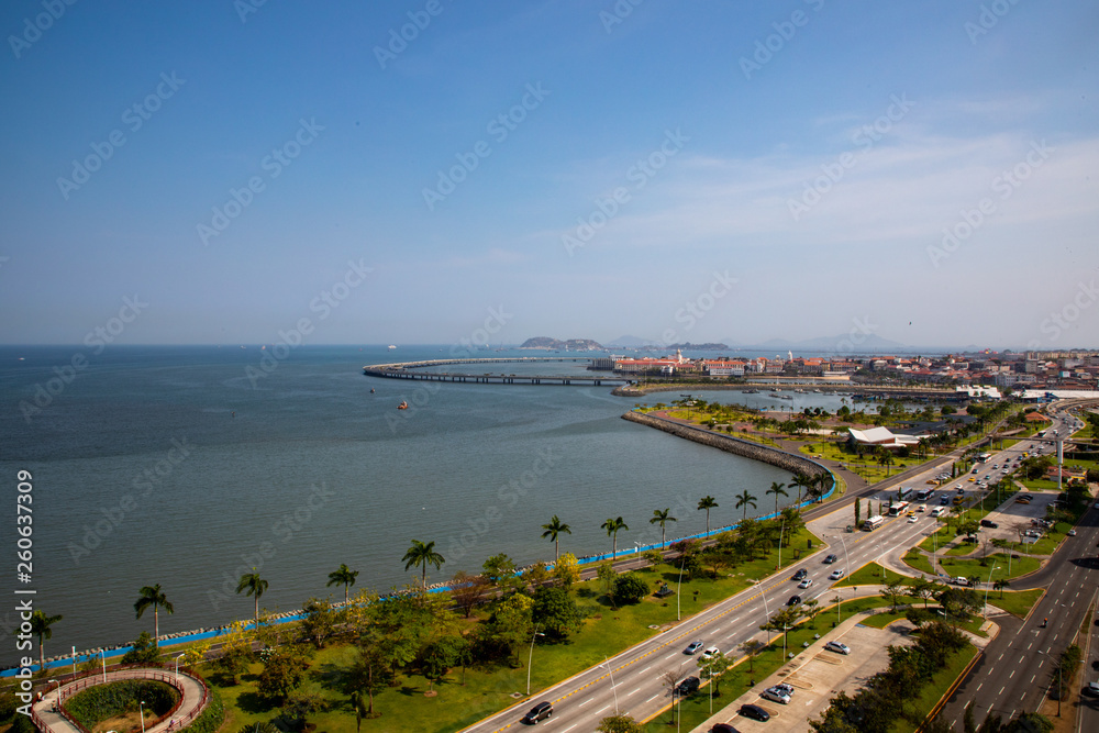 Aerial View in Panama City to the historical part called casco Viejo and to the route from the Panama Canal and to Taboga island