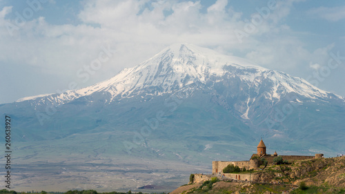 Ararat , Armenia - Jun 15 2018- Mount Ararat view from Khor Virap. a famous landscape in Lusarat, Ararat, Armenia.