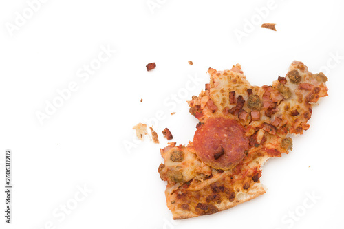Partially eaten slice of pizza on a white background
