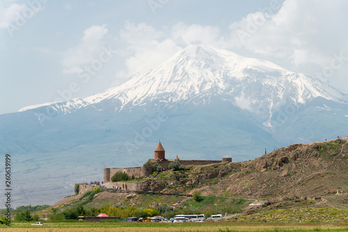 Ararat , Armenia - Jun 15 2018- Khor Virap Monastery with Mount Ararat. a famous Historic site in Lusarat, Ararat, Armenia.