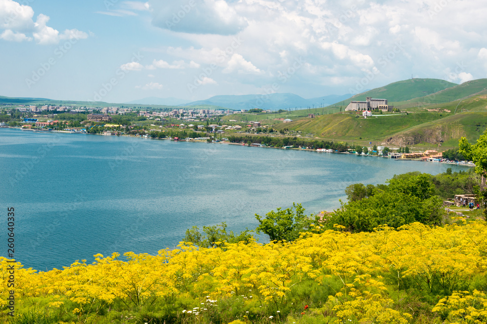 Sevan, Armenia - Jun 07 2018- Sevan lake view from Sevanavank Monastery. a famous landscape in Sevan, Gegharkunik, Armenia.
