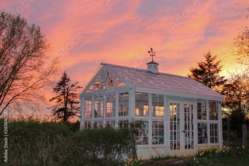 Vivid Pink and Blue Sunset Sky Behind white Greenhouse with cupola and weathervane
