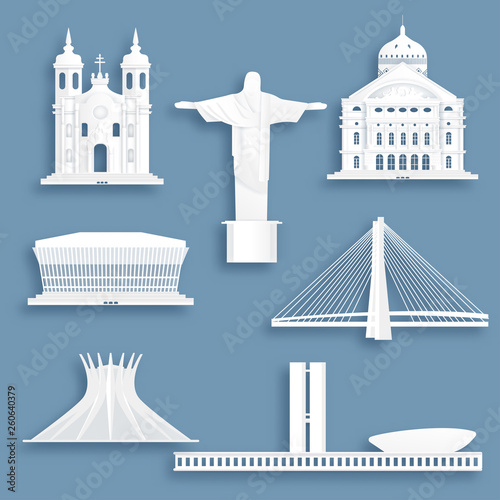 Collection of Brazil famous landmarks in paper cut style vector illustration.