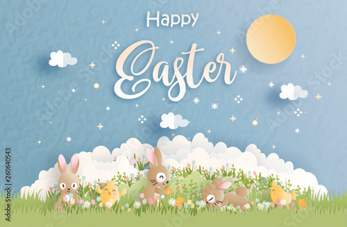 Happy Easter with cute bunny and Ester eggs in paper cut style vector illustration.