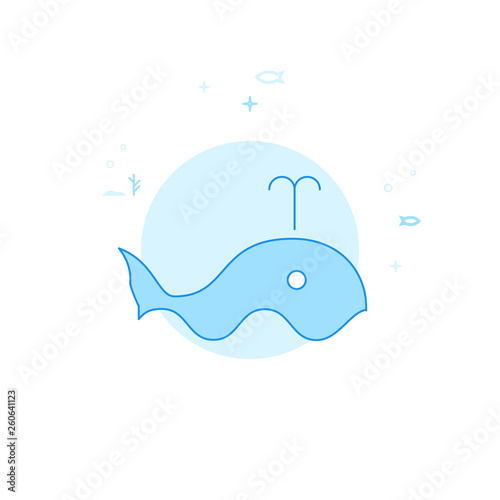 Blue Whale Flat Vector Illustration, Icon. Light Blue Monochrome Design. Editable Stroke