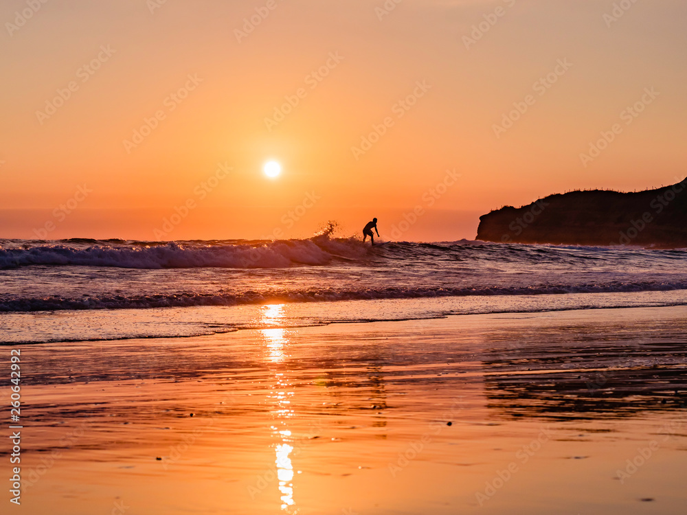 Surfers enjoying a beautiful sunset surf at Montanita Ecuador