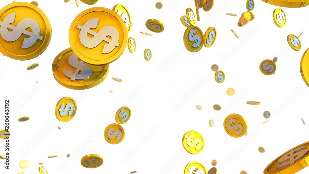 3D illustration of dollar coins falling on a white background 3D illustration of dollar coins falling on a white background
