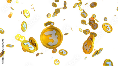 3D illustration of pound coins falling on a white background