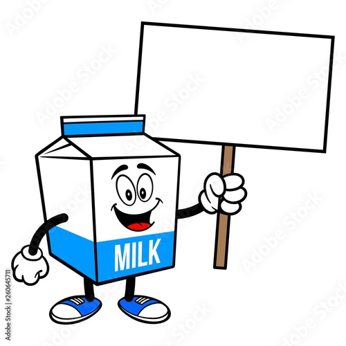 Milk Carton Mascot with a Sign - A cartoon illustration of a  Milk carton mascot.