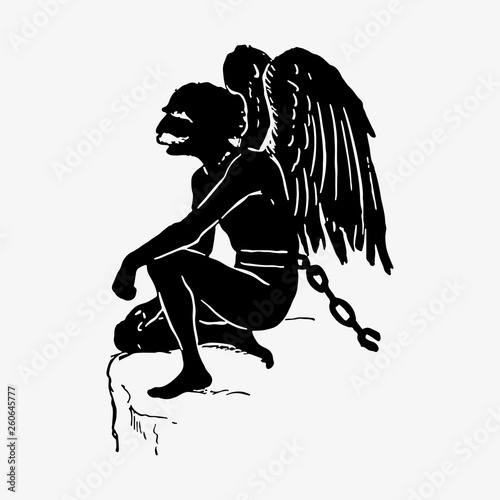 Drawing of a chained angel in silhouette