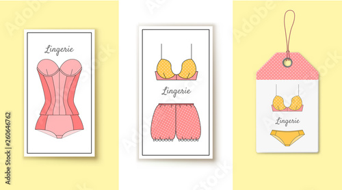 Price tags with female wardrobes in flat style. Sexy corset, pantaloons and bras on label layout. Ladies underwear promotion vector illustration. Female wardrobe shopping. Advertising for retail