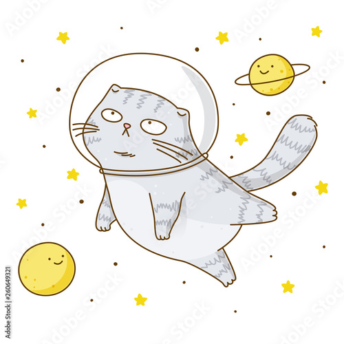 Cute scottishfold cat astronaut on starry space background