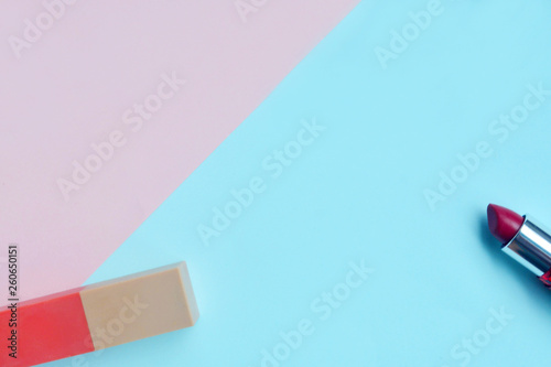 Creative flat lay of cosmetic on pastel background, Minimal cosmetic beauty product concept with copy space