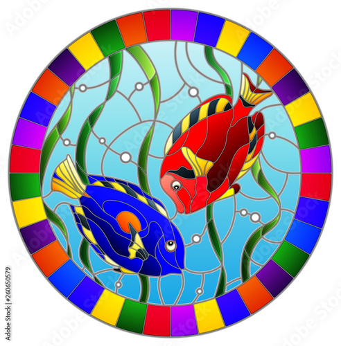 Illustration in stained glass style with a pair bright fishes on the background of water and algae,oval picture in a bright frame