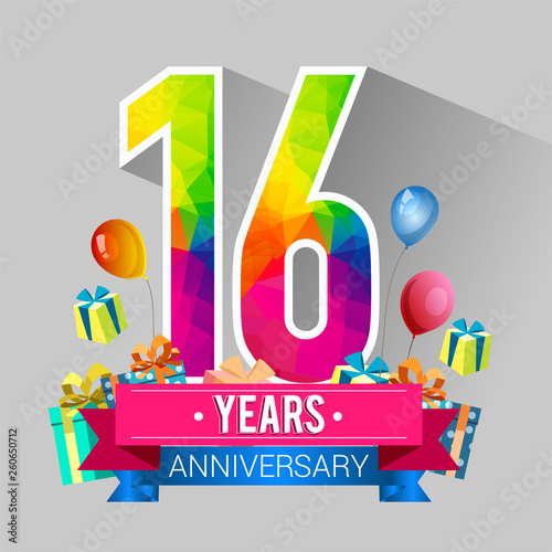16 Years Anniversary Celebration Design, with gift box and balloons, red ribbon, Colorful polygonal logotype, Vector template elements for your birthday party.
