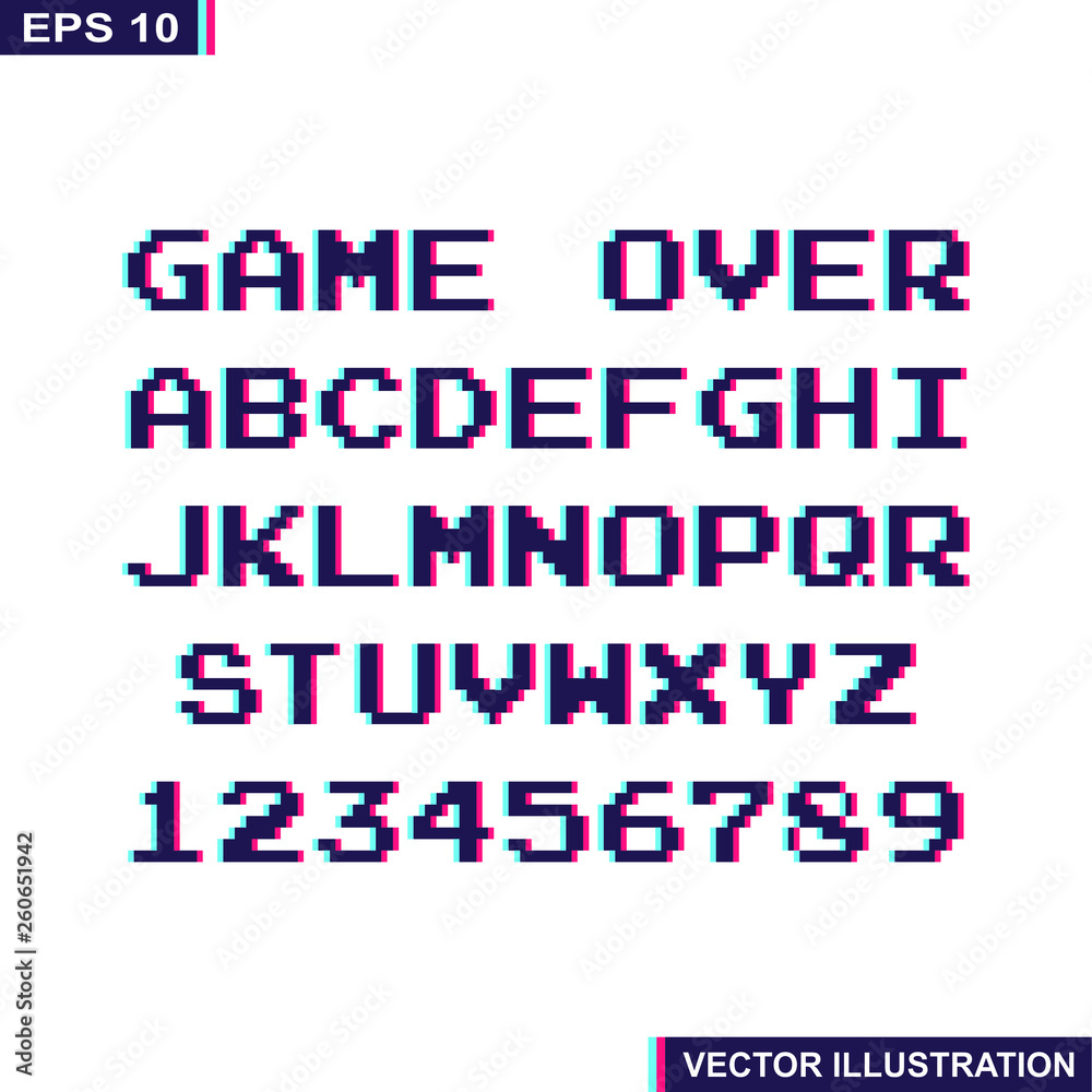Arcade game pixel alphabet stereoscopic font and numbers.Stereo alphabet.Vector Illustration.White background.