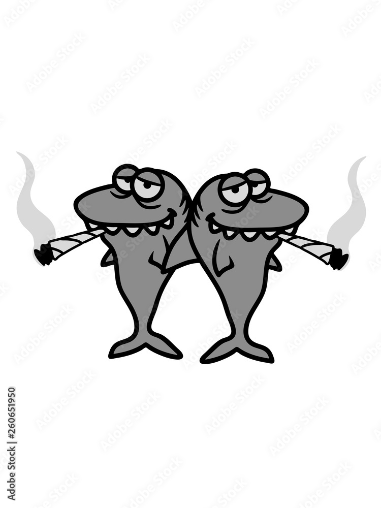 Obraz premium 2 haie freunde team paar kiffen rauchen weed joint hanf cannabis drogen zigarette stoned schwimmen tauchen wasser unterwasser meer räuber fressen gefährlich clipart design