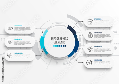 Vector infographic template with 3D paper label, integrated circles. Business concept with 7 options. For content, diagram, flowchart, steps, parts, timeline infographics, workflow, chart.