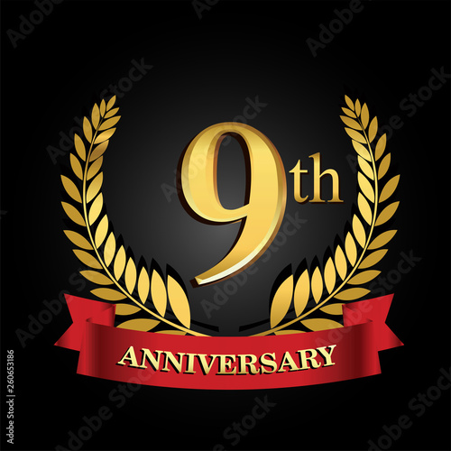 9 anniversary logo with red ribbon and golden laurel wreath, vector template for birthday celebration.