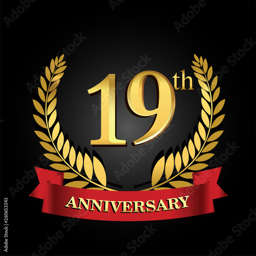 19 anniversary logo with red ribbon and golden laurel wreath, vector template for birthday celebration.