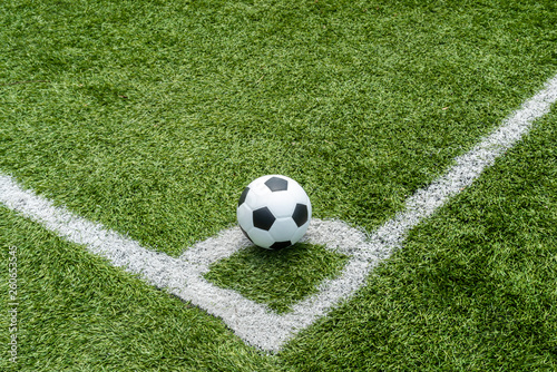 soccer Football on Corner kick line of ball and a soccer field , football field , background texture