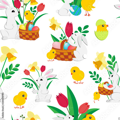 Easter seamless pattern with cute bunnies   painted eggs in a wicker basket   fluffy chickens  spring tulips and daffodils on a white background
