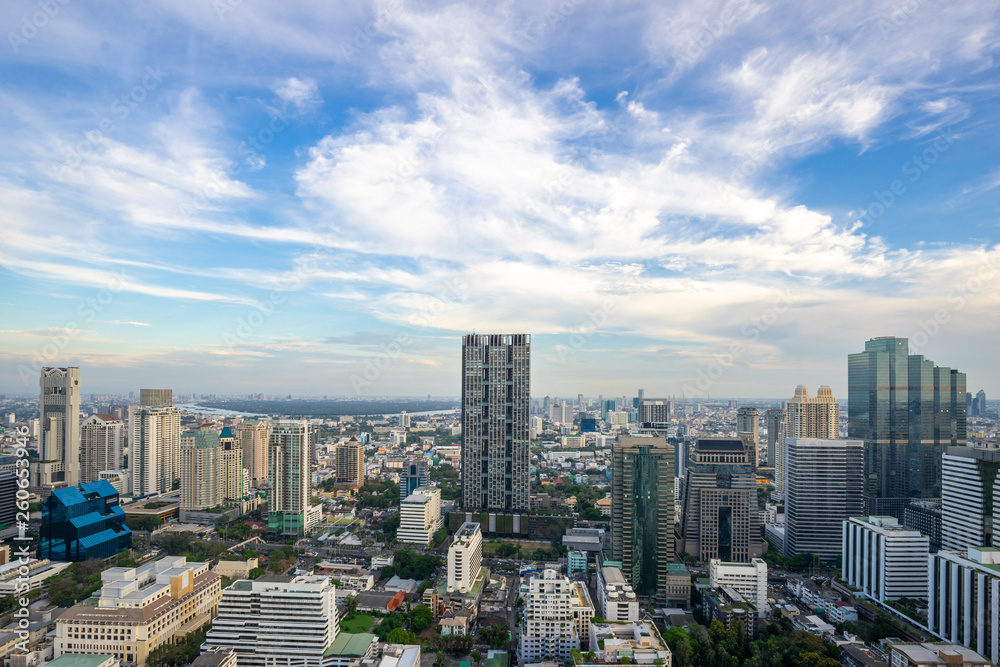 Naklejka premium Bangkok City - Aerial view Bangkok city urban downtown skyline tower of Thailand on blue sky background , City scape Thailand