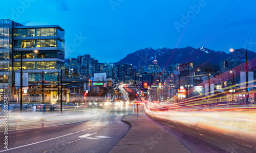 light trails go out of the downtown vancouver