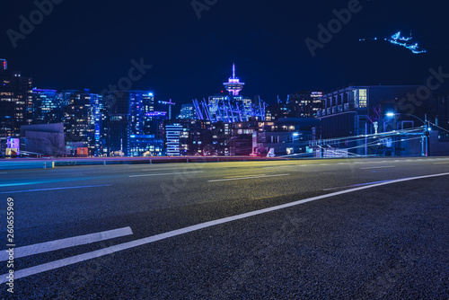 light trails go out of the downtown vancouver