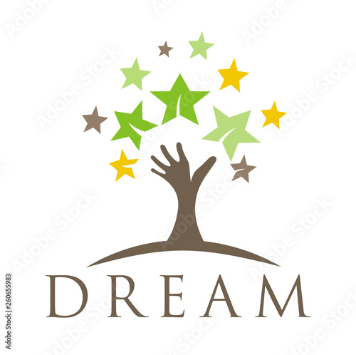 Dream Tree With Star Logo Design. Children Dreaming logo Stock Vector. Tree growth with star logo Template. Hand Dream Logo Icon. Hand High Five Up Think Dream Logo
