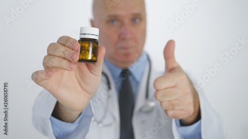 Doctor Image Thumbs Up Recommend Confident Medical Treatment with Vitamin Pills