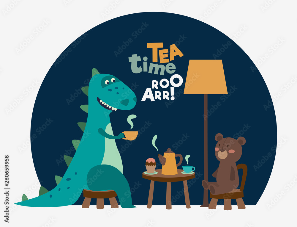 Fototapeta Śliczny dinosaur pije herbaty na stole. Koncepcja wektor czas na herbatę