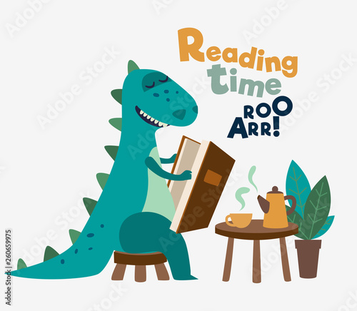 Cute dinosaur reads a book. Funny tyrannosaur drinking tea on the table