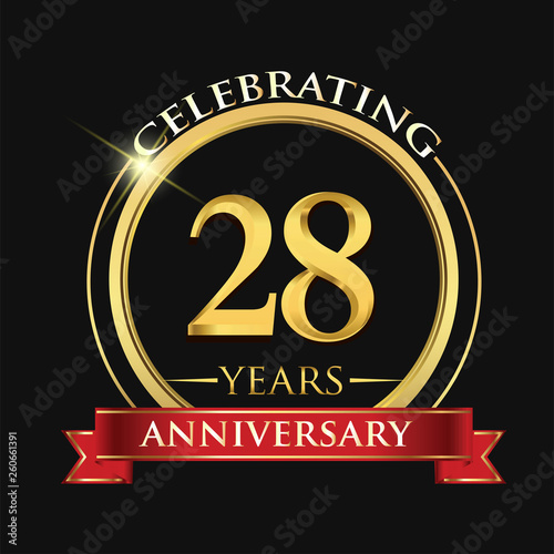 Celebrating 28 years anniversary logo. with golden ring and red ribbon.