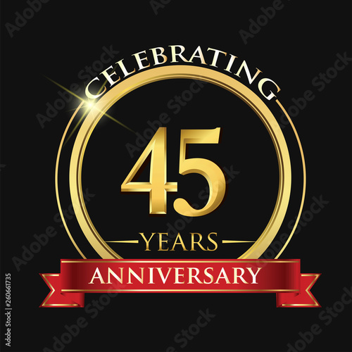 Celebrating 45 years anniversary logo. with golden ring and red ribbon.