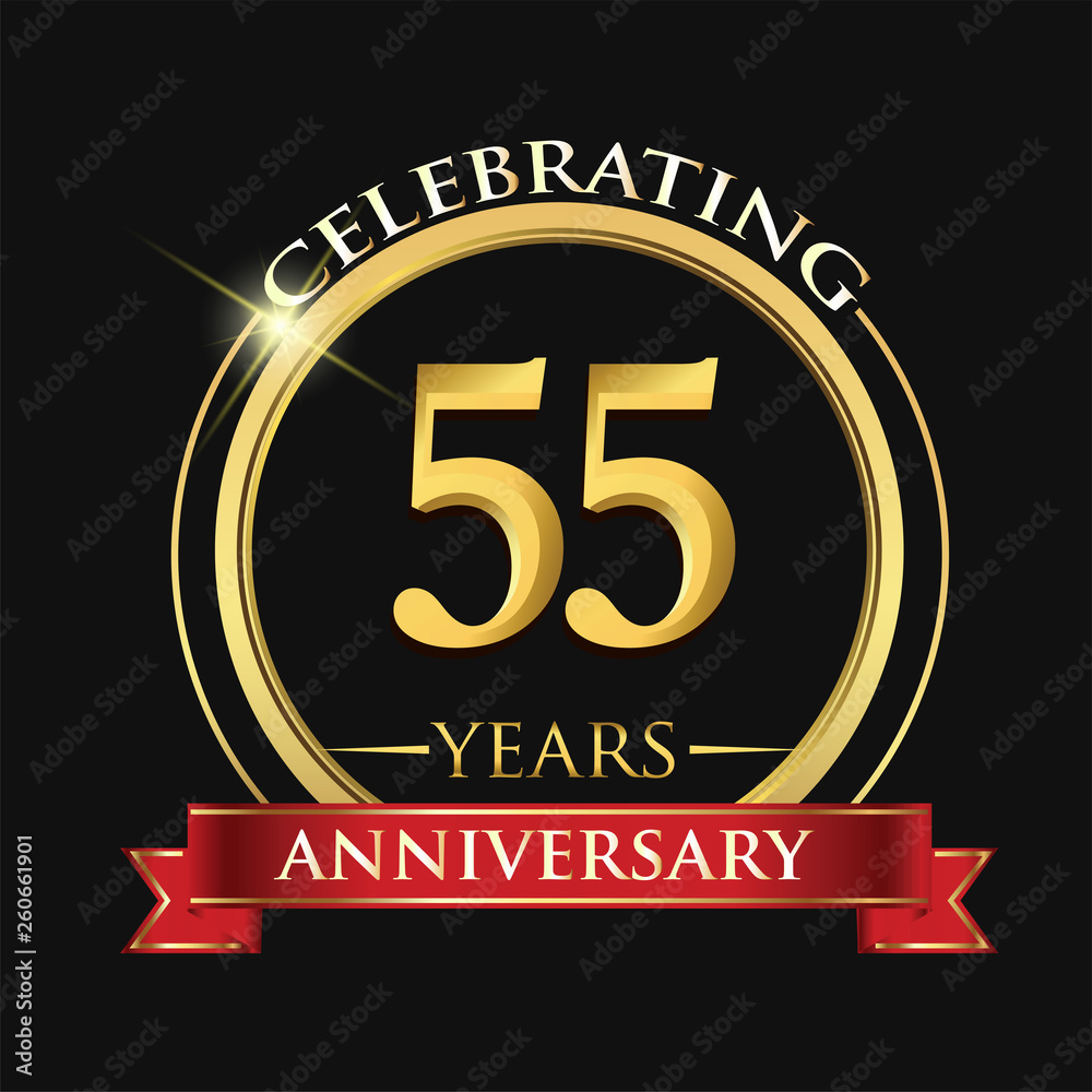 Celebrating 55 years anniversary logo. with golden ring and red ribbon. Celebrating 55 years anniversary logo. with golden ring and red ribbon.