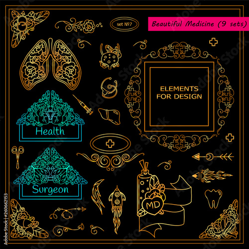 Vector collection of medical elements, signs and symbols in premium gold style. Template for doctor tattoo, jewelry, paper page and web design in clinic, ambulance and medical care