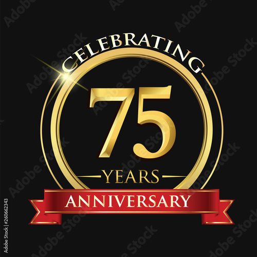Celebrating 75 years anniversary logo. with golden ring and red ribbon.